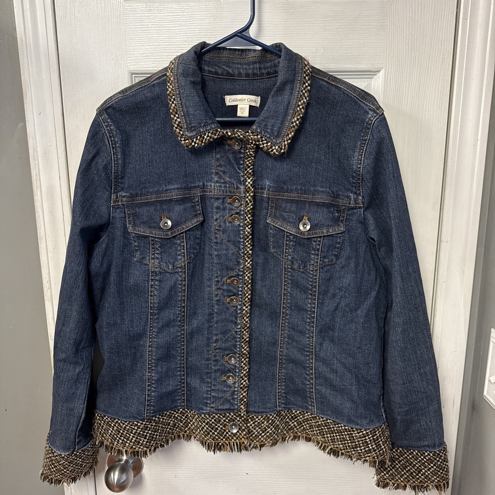 COLDWATER CREEK Blue Denim Jean Jacket Women's Size 16 Boucle Fringe Button-Up